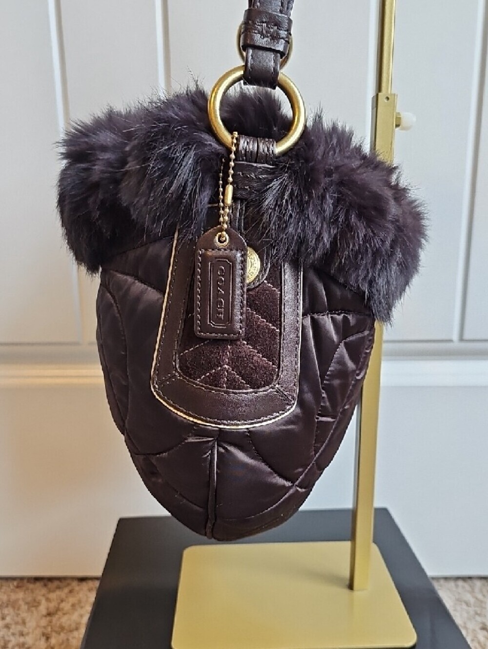 Coach Vintage SoHo Quilted Satin & Rabbit Fur Ski Hobo Bag Brown #3586 Like New - Picture 4 of 11